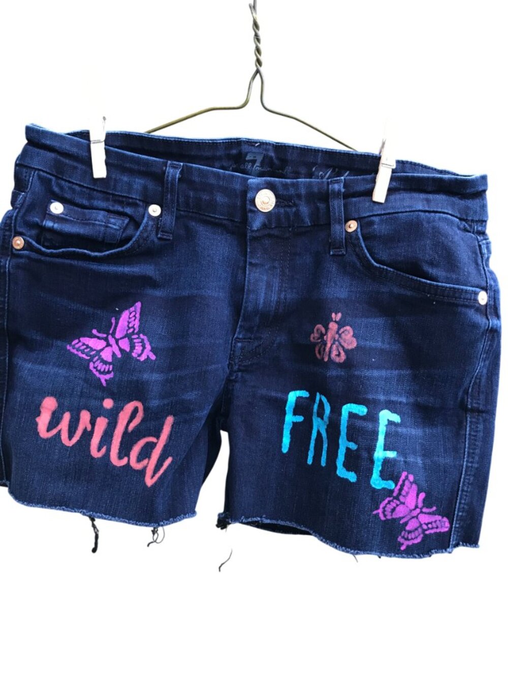 Upcycled Fringy Painted Cutoffs, Wild Free Gypsy Hippie Denim Shorts Sz 28 Waist
